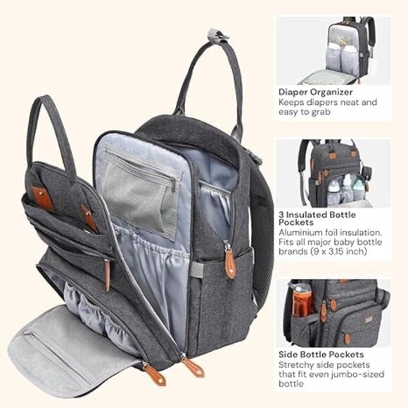 BabbleRoo Gray Diaper Bag Backpack Changing Pad Stroller Straps Pacifier Case - Picture 6 of 11